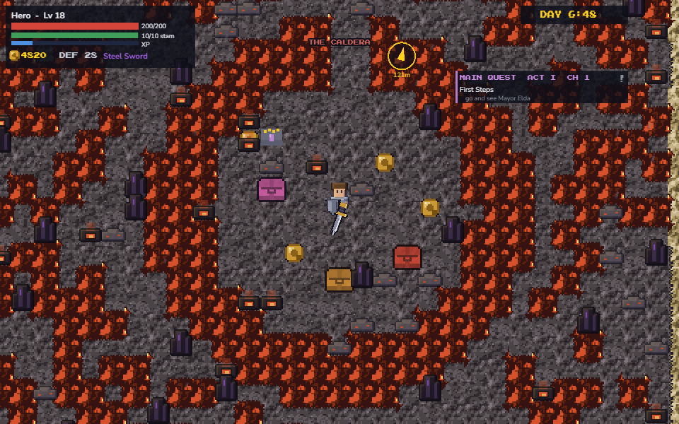 The Caldera: an ash floor ringed in lava, obsidian and chests, with the Imp Lord standing in it