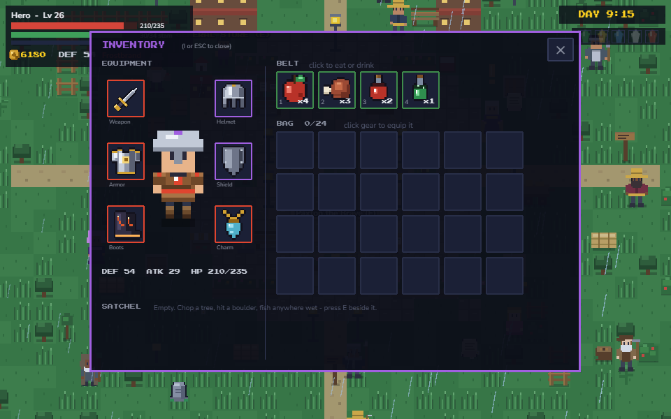 The Orbfall inventory screen showing equipment slots, a belt and a bag grid