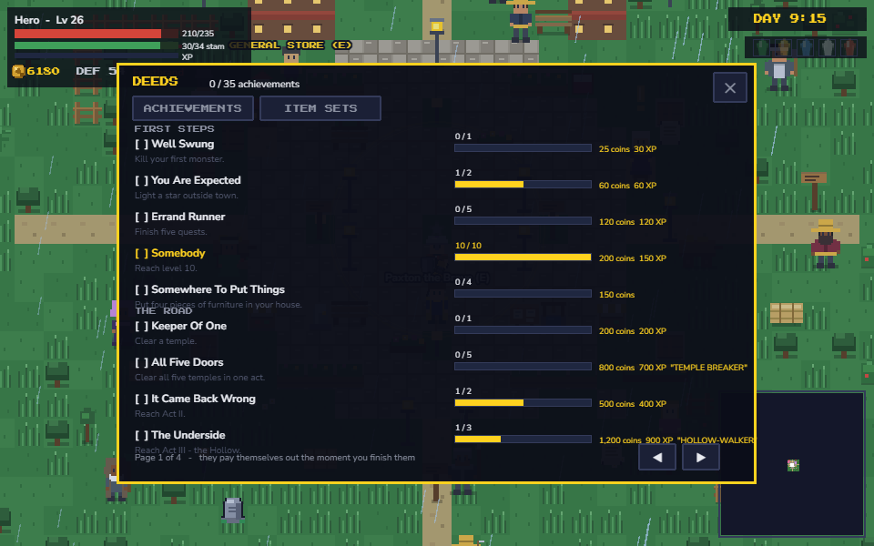 The Orbfall deeds screen listing achievements with progress bars and rewards