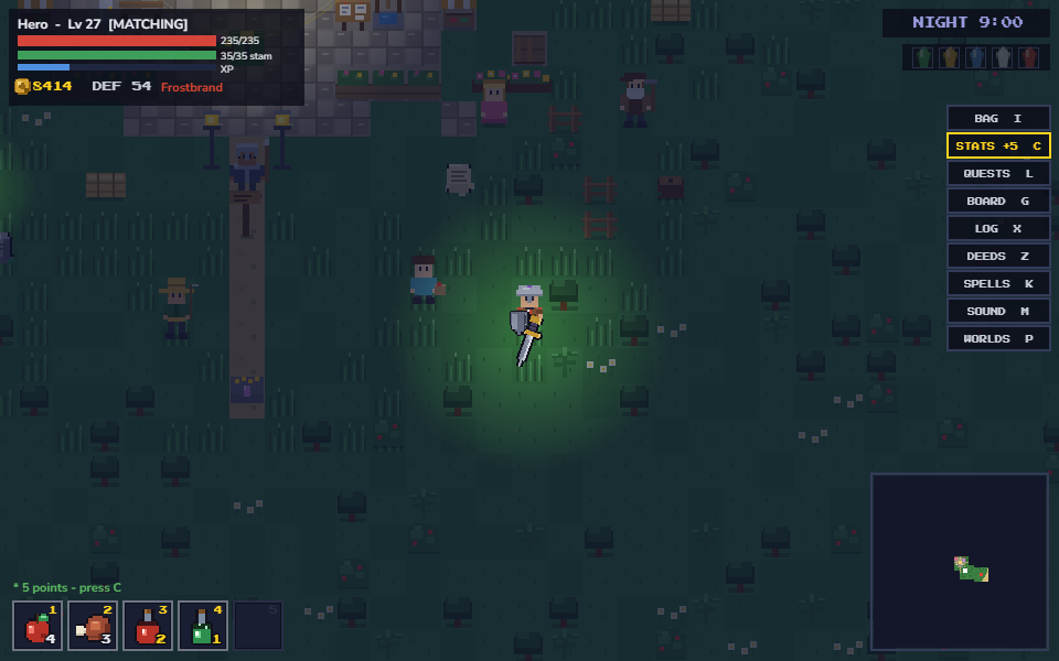 Night in Orbfall: the hero lit by a small circle of light in a dark world