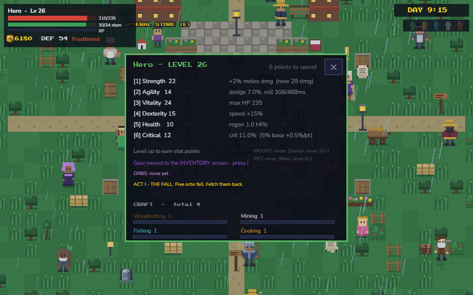 The Orbfall stats screen showing six stats and four crafting skills