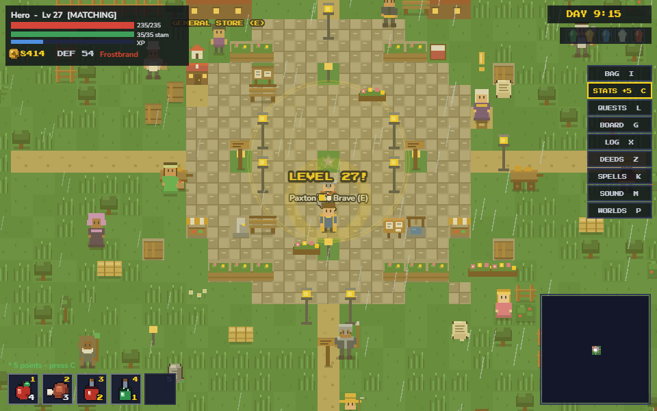 The town square of Orbfall: townsfolk, shop fronts and the fountain plaza
