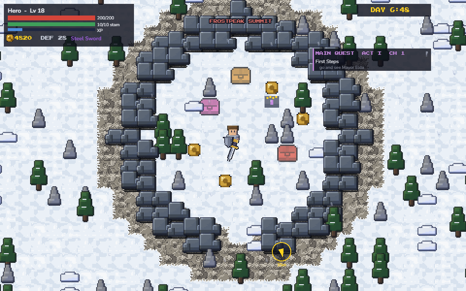 Frostpeak Summit: snow, pines and chests inside a ring of boulders, wraiths closing in