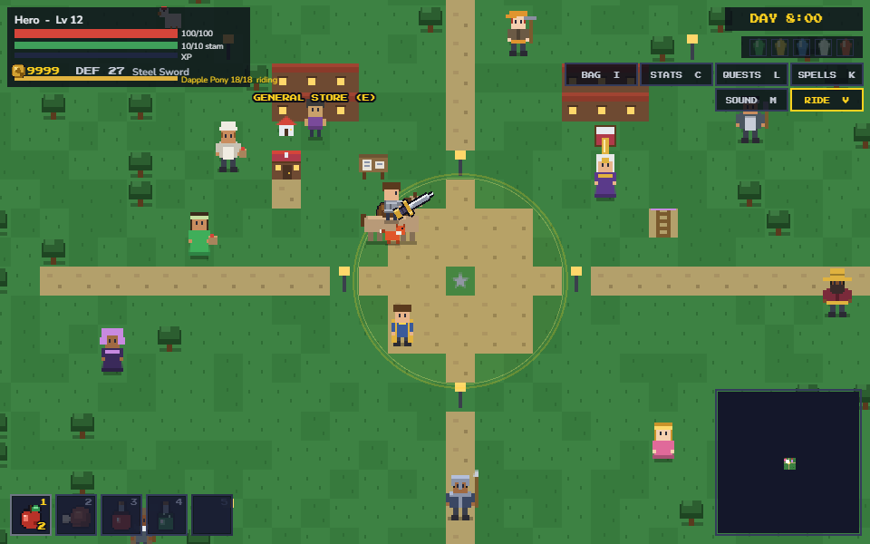 Orbfall: the hero in the town square at dusk, lamps lit, a shop and a house door beside the quest board